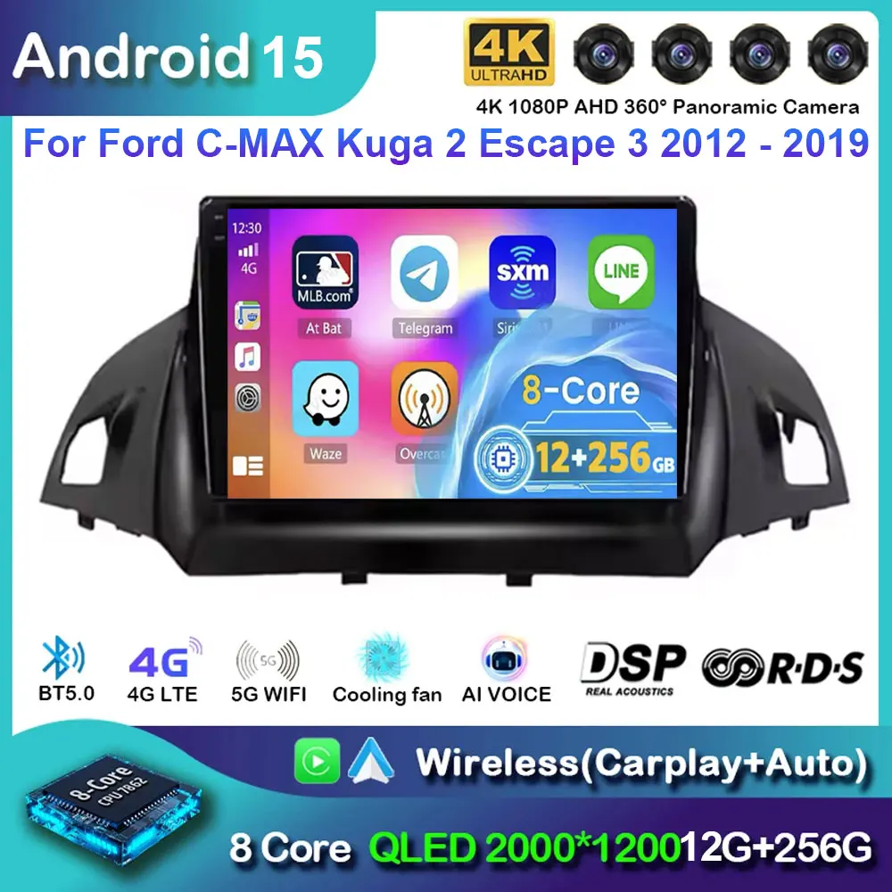 Android 15 Voor FORD C-MAX KUGA 2 ESCAPE 3 2012-2019 Autoradio Multimedia Speler Stereo Head Unit GPS navigatie Geen 2din DVD