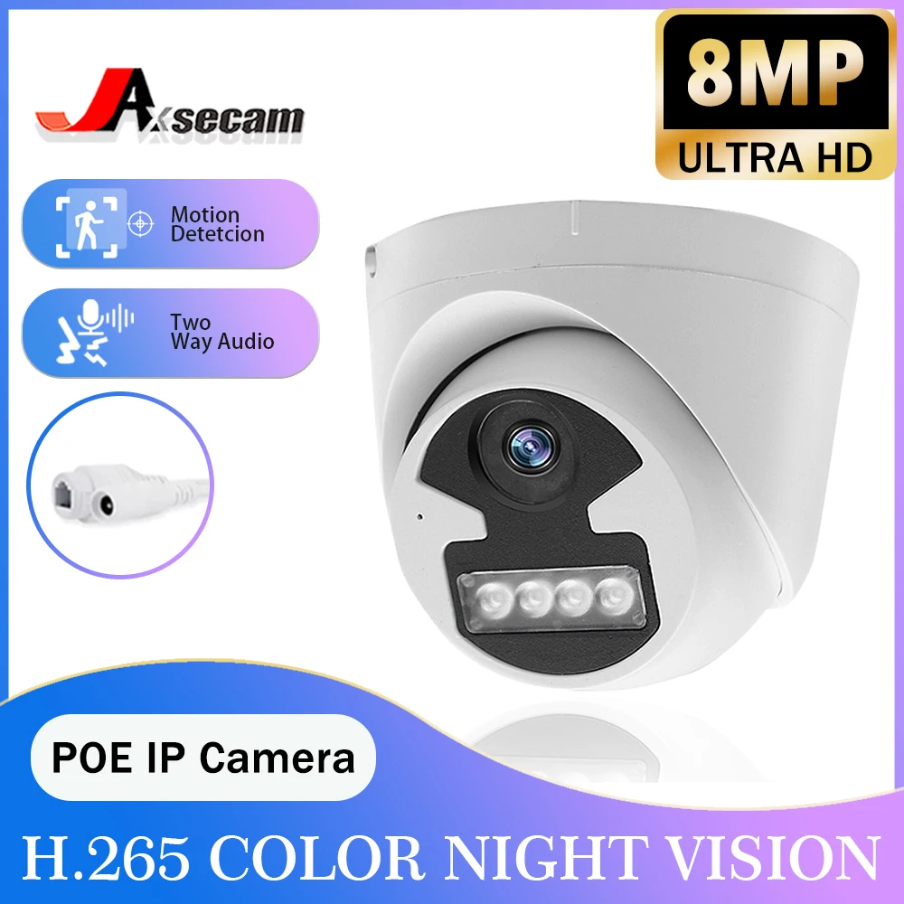 Telecamera IP di videosorveglianza 4K POE HD Audio a 2 vie 48V POE/DC 12V 8MP telecamera di sicurezza impermeabile a cupola per visione notturna a colori per NVR