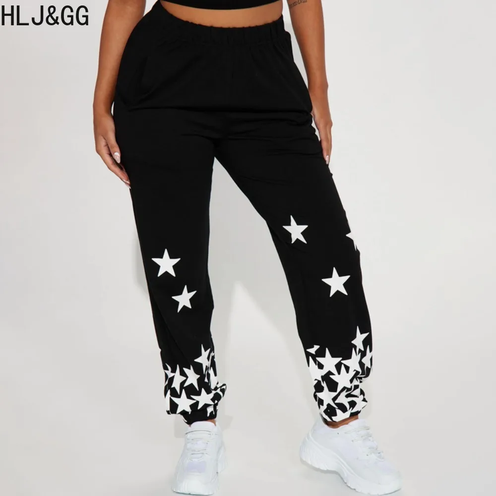 

HLJ&GG Black Casual Star Printing Jogger Pants Women Elastic High Waisted Solid Trousers Female Matching Sporty Bottoms Clothing