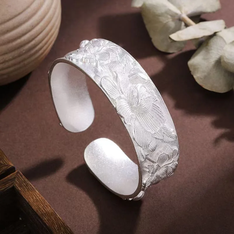 Solid Adjustable Open S999 Pure Silver Bangle Vintage Matte Surface Full 3D Peony Carving Women Fashion Silver Bracelet