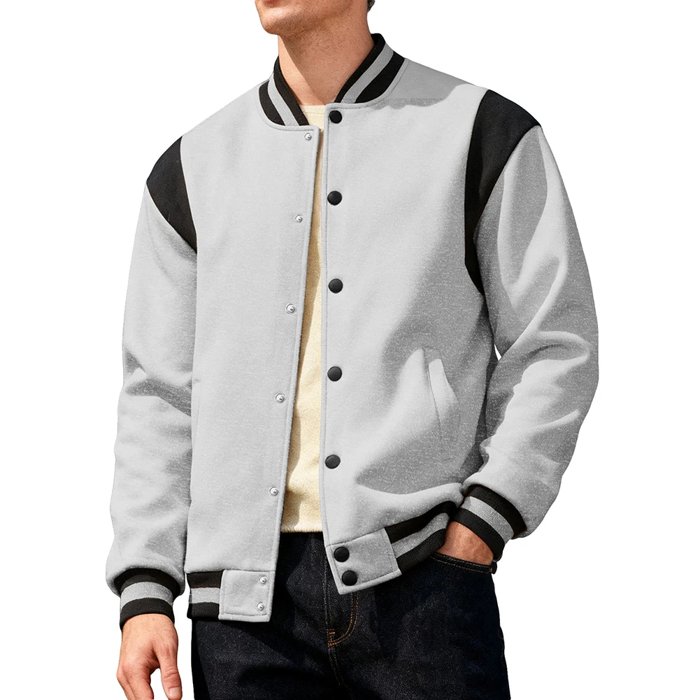 

Men's Plush Cardigan Baseball Collar Jacket with Splicing Design for Streetwear Casual Outerwear in Spring and Autumn