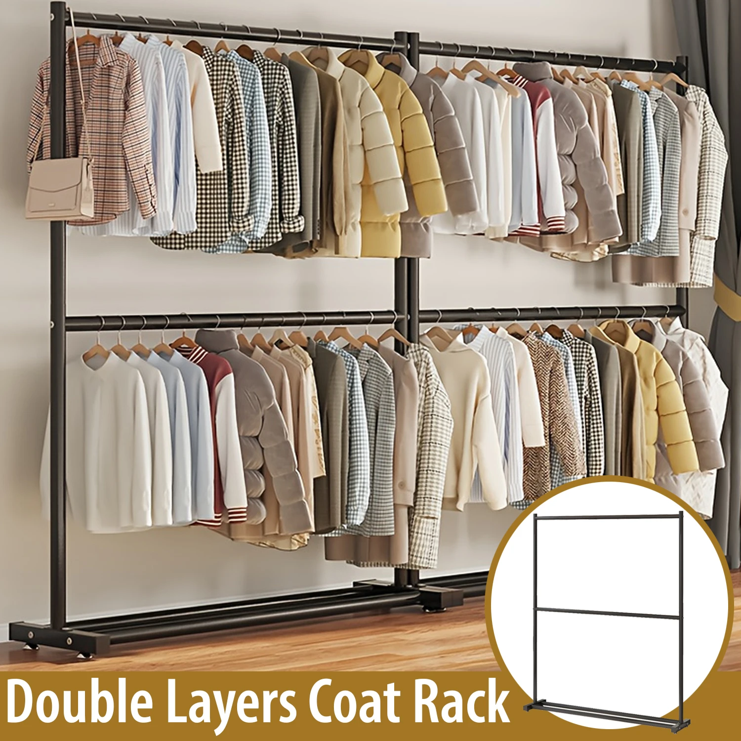 

1PC Double Layers Floor Standing Coat Rack Simple Rod Clothes Floor-Standing Clothes Shelf Saving Storage Organizer Coat Rack