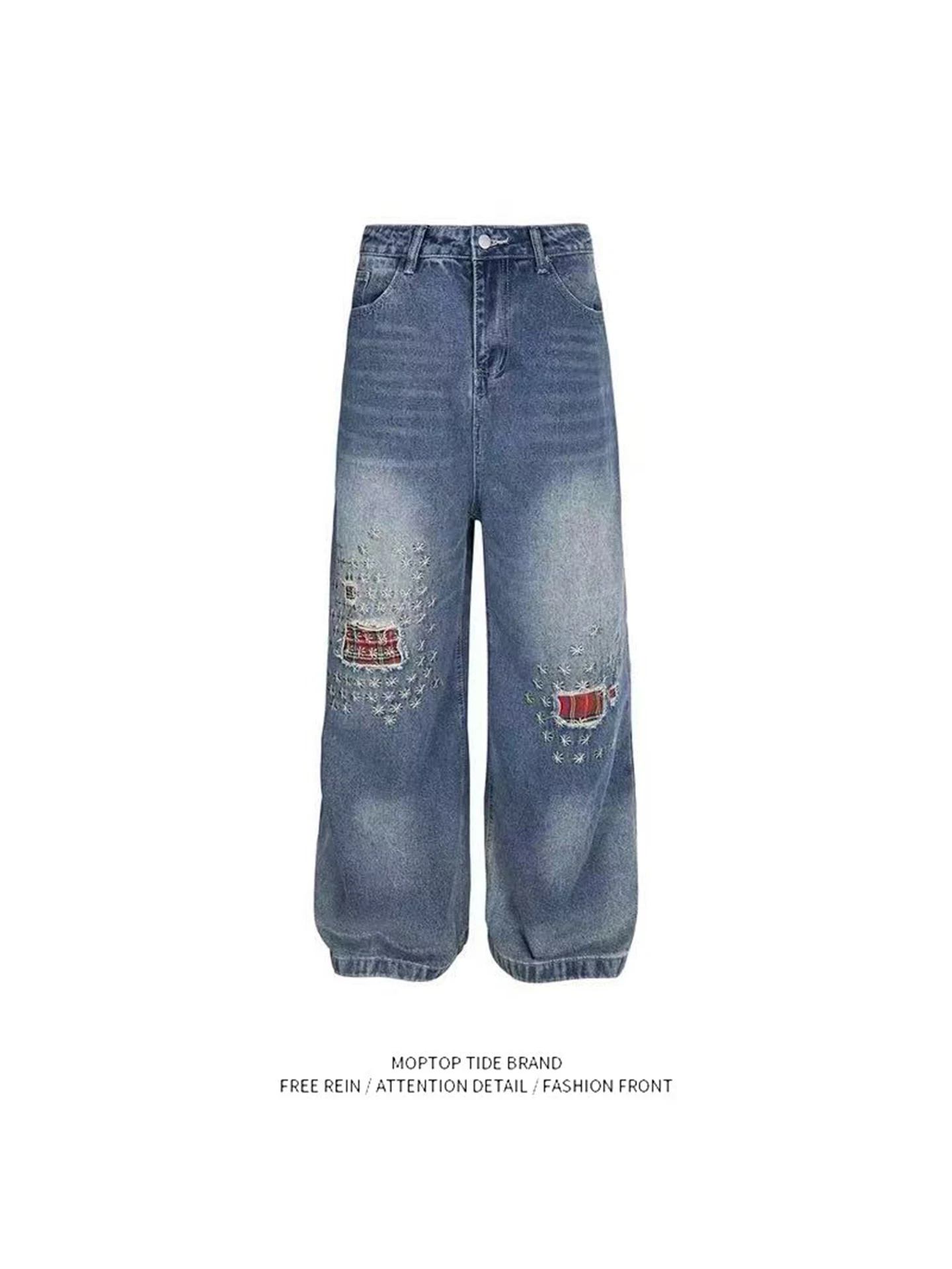 

Retro American Washed Men's Jeans High Street Patchwork Embroidery Hole Wide Leg Long Pants Casual Straight Tube Fit Jeans
