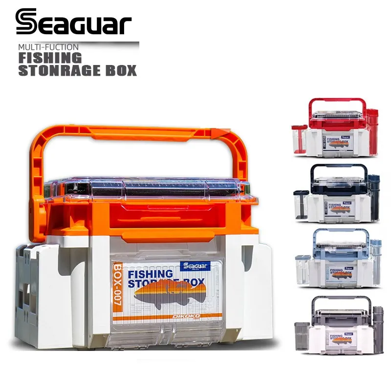 Seaguar Multi-functional Fishing Tackle Box, Large Capacity Portable Lure Box with 2 sets of rod holders and 1 storage bucket