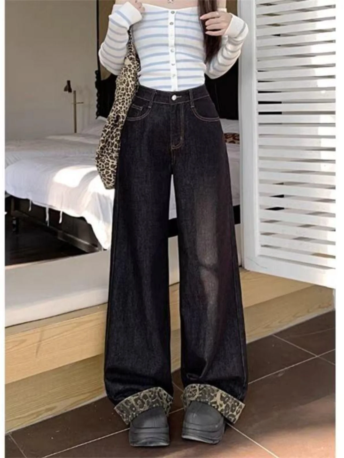 plus Size Women's Black Leopard Print Cuffed Denim Jeans Spring Autumn Loose Straight Leg Wide Leg Pants High Waist Zipper Cl...
