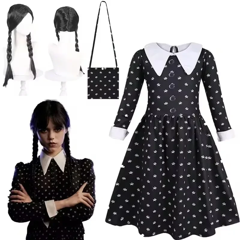 Fashion Kids Movie Wednesday Addams Cosplay Princess Dress and Wig Bag Set Girl Halloween Costume Carnival Gothic Black Clothes