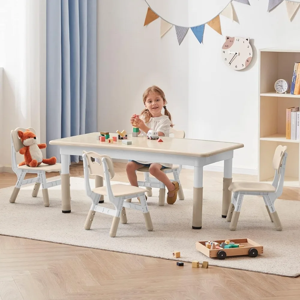 

Toddler Table and Chairs Set for 4, 47.2''L x 23.6''W Kids Study Table and Chair Set, Height-Adjustable, Graffiti Desktop, Child