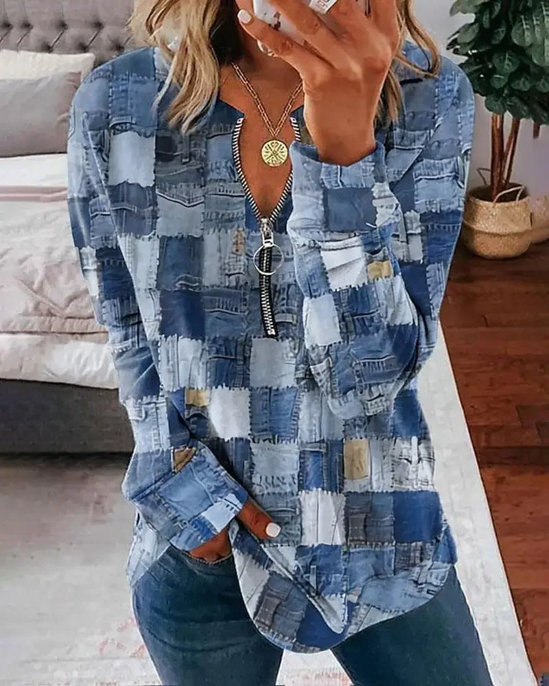 Denim Look Print Zip Detail Long Sleeve Top Women Fashion Casual T Shirt