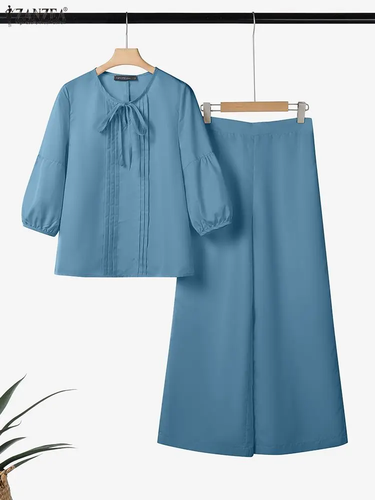 2025 ZANZEA الخريف بانت مجموعات النساء 2 قطعة وتتسابق س الرقبة 3/4 كم بلوزة بنطلون عادية الصلبة OL العمل رياضية 2 قطع مجموعات