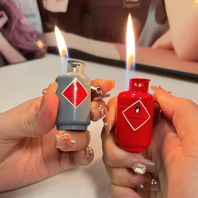 Funny Gas Cylinder Style Lighter with Keychain Inflatable Gas Butane Cigarette Lighters Smoking Accessories Gadget for Men
