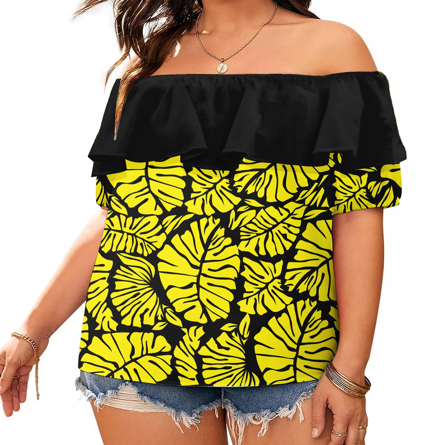 Hawaiian Island Style Plumeria Flower Print Chiffon Blouses Layered Ruffle Blouses Women Polynesian Clothing Off Shoulder Tops