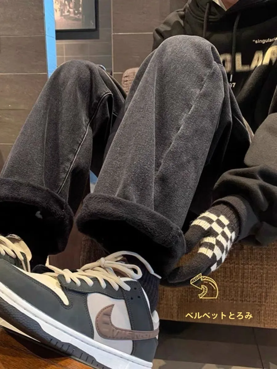 厚みのあるフリース裏地ストレートレッグジーンズ女性の冬ルーズハイストリートトレンディブランドオーバーサイズデニムパンツカジュアルスタイル