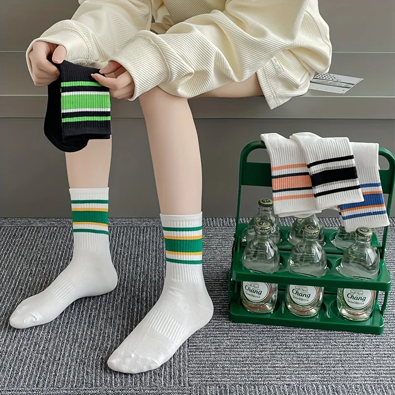 

5Pairs Women's Mid-Crew Striped Socks, Breathable Sports Socks with Color Accents for Daily Wear & Layering