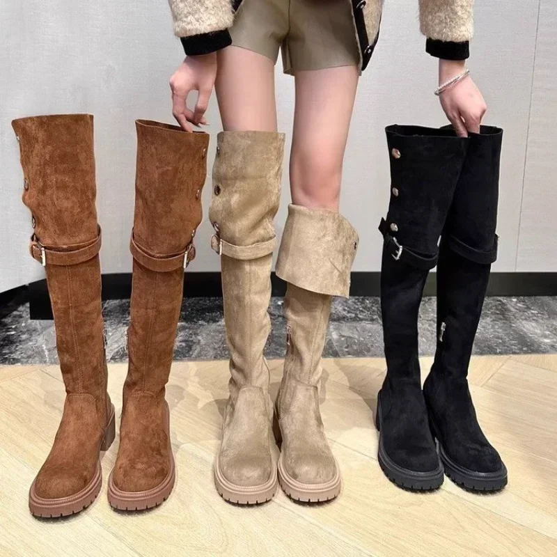 Over The Knee Cowboy Boots Women  Designer Winter Platform Shoes Fashion Fur Suede Wedges Thigh High Boots Motorcycle Shoes 2024