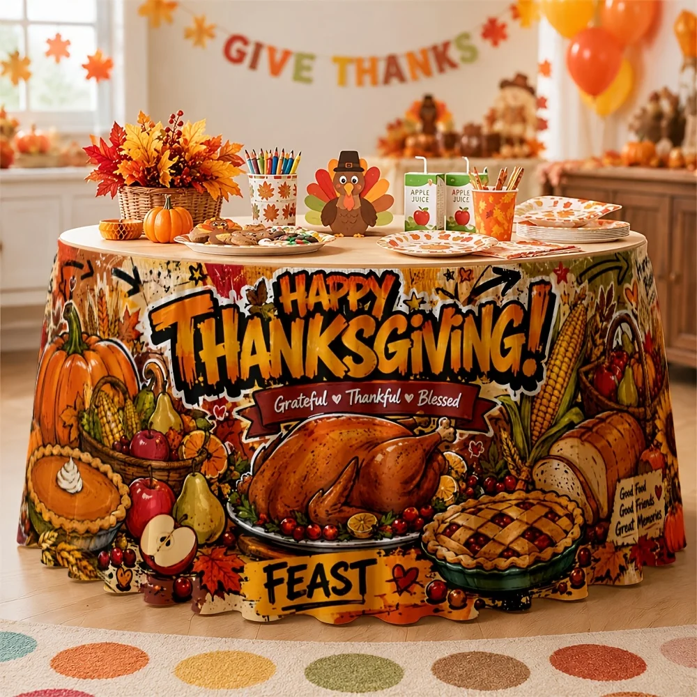 One elegant autumn harvest tablecloth cover with patterns of abundant horns and pumpkin pies - suitable for Thanksgiving