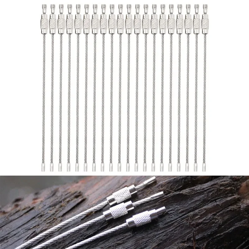 10 pcs Hang Wire Chain Tag Screw Luggage Rope EDC Keyring Loop Circle Bushcraft Kit Lock Gadget Ring Keychain Tool Steel Cable