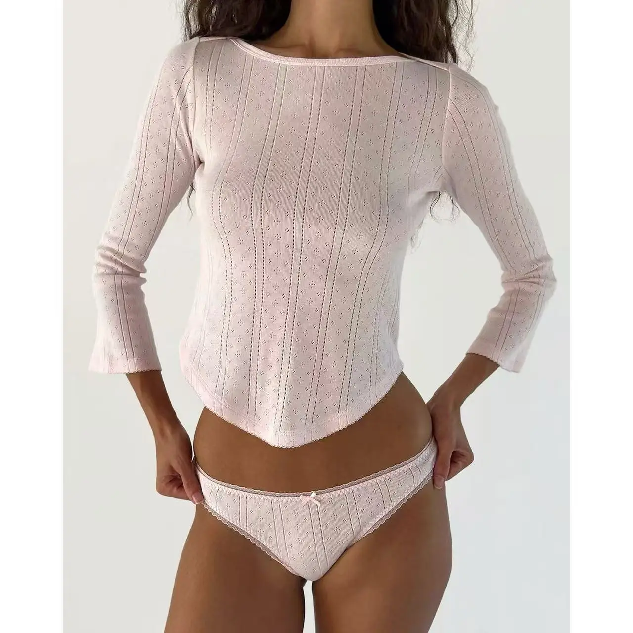 COU Solid Pink Organic Cotton Jacquard Top with Three-Quarter Flared Sleeves – A Minimalist, Versatile 