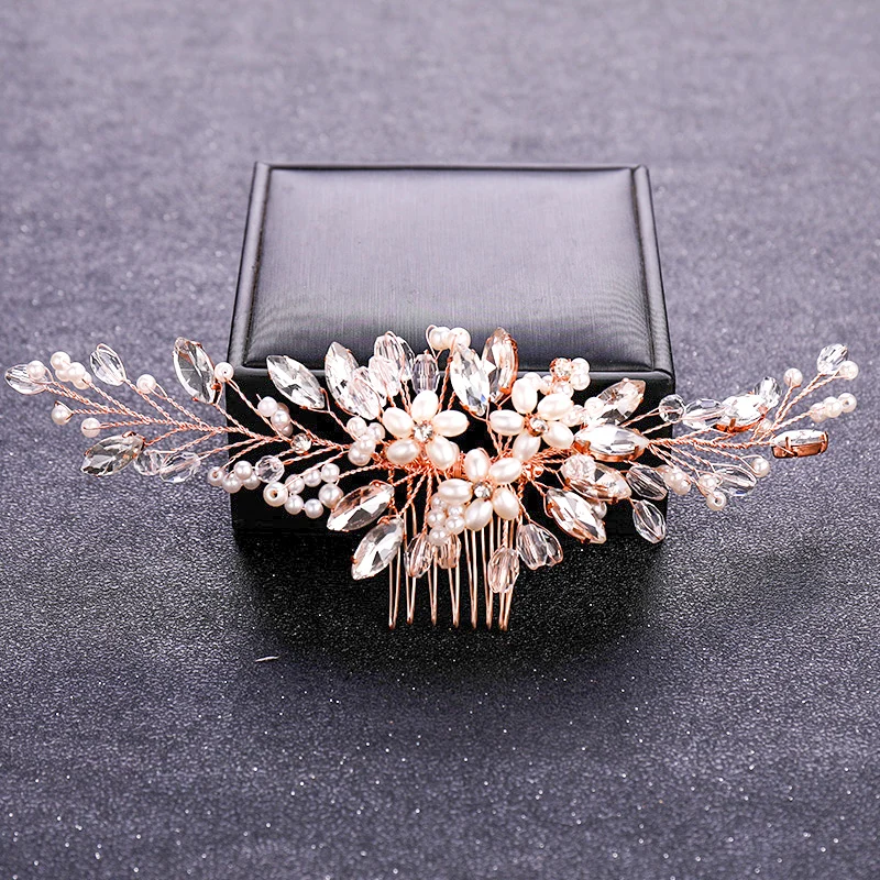 Rose Gold Color Crystal Pearl Flower Hair Comb Hairpin Headband For Women Bride Wedding Bridal Hair Accessories Jewelry Comb