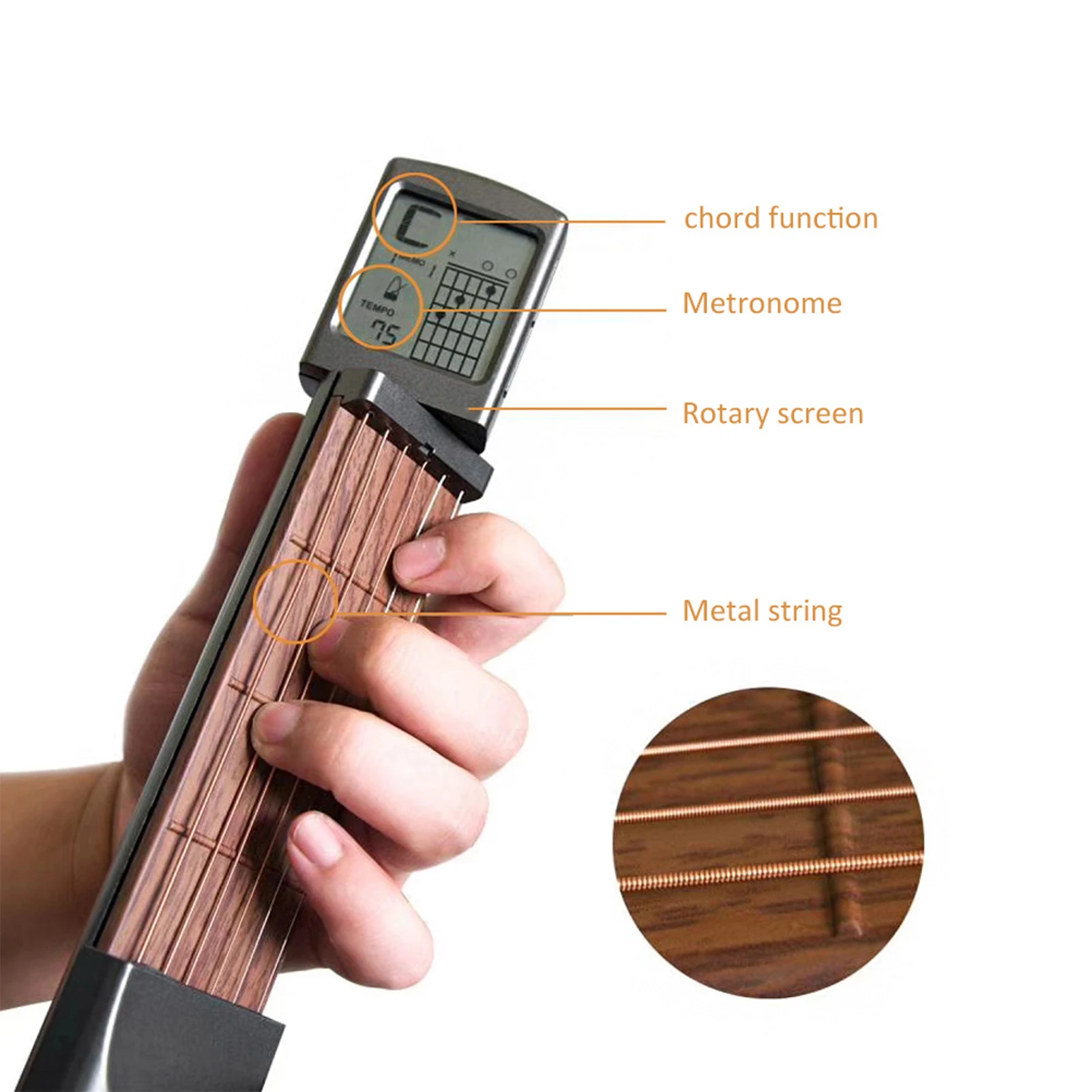 Gitarren-Akkord-Trainer, Mini-Übungsgerät für 6-Bund-Gitarre, Akkord-Trainer mit drehbarem Diagramm-Bildschirm, Akkord-Trainer