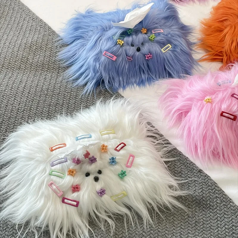 Cute Plush Tissue Bag Basket Bag Monster Drawer Box with Little Hairpin DIY Room Table Drawer Paper Holder Paper Box Cover