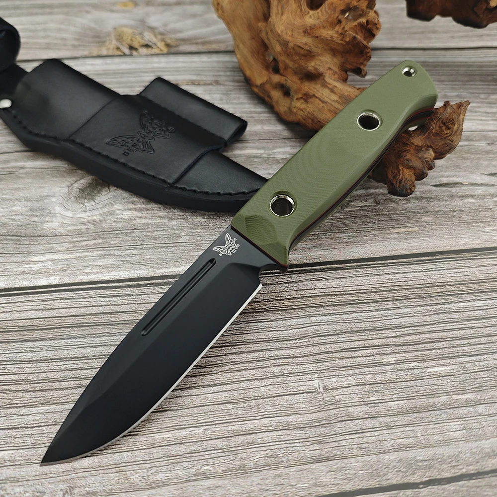 BM 163 Bushcrafter Knife Outdoor Straight Knife G10 Handles D2 Steel Hunting Self Defense Fixed Blade Knives with Leather Sheath