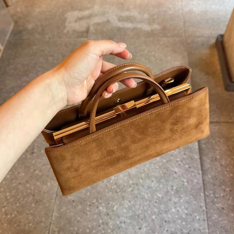 Vintage Rectangular Faux Suede Top Handle Bag For Women Retro Elegant Handbag Gold Button Clip Bag Shoulder Underarm Bag Purse