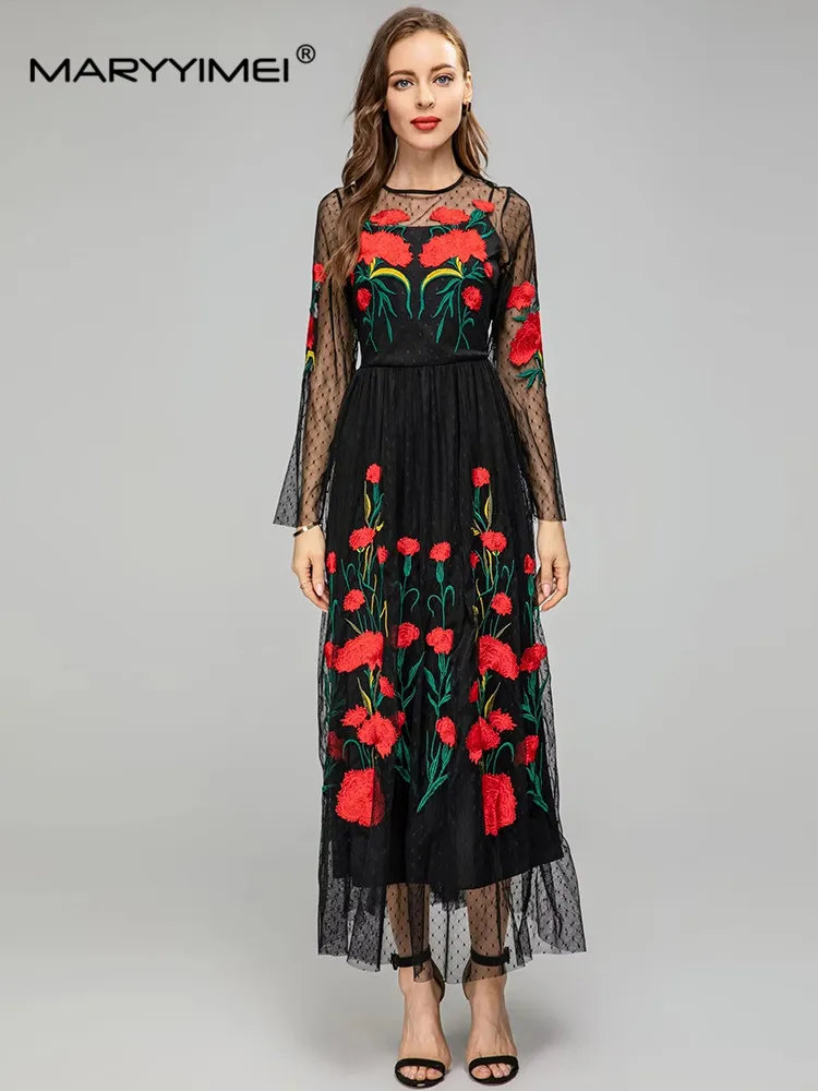 

MARYYIMEI Fashion Runway dress Spring Summer Women Dress Black Vintage High Waist Dot Net Yarn Floral Embroidery Long Dress