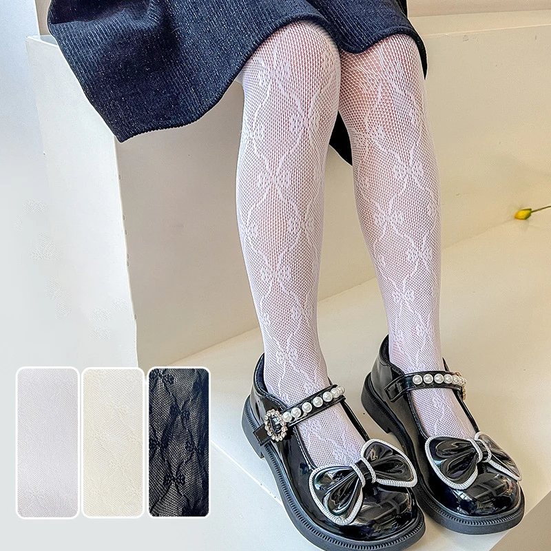 

Children's Summer Sheer Pantyhose Bow Pattern Mesh Fishnet Nylon Tights Kids Girl 3-12 Years White Stockings for Wedding Party