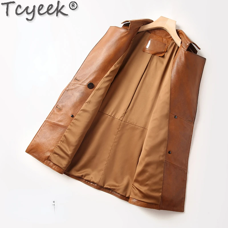 Tcyeek-Chaqueta de piel de oveja con cinturón para mujer, abrigo de longitud media con capa superior, gabardina de algodón, ropa de primavera y otoño, 2023