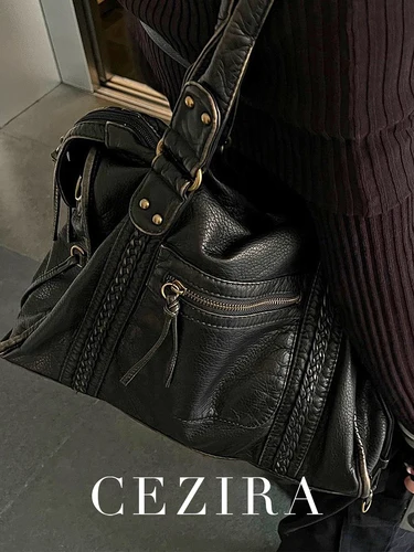 Bolso de mano Vintage de piel sintética lavada de gran capacidad con bolsillos y cremallera, decoración trenzada, bolso cruzado de hombro, bolso de viaje diario Unisex para mujer