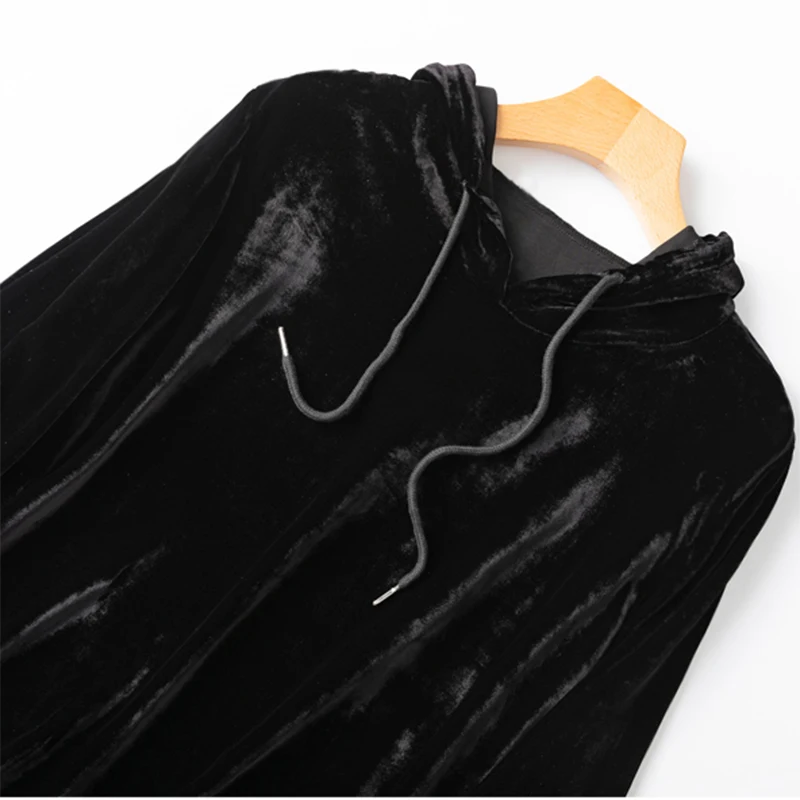 Women 100% Mulberry Silk Velvet Solid Black Loose Type long sleeve sweatshirt Hoodie Blouse Top Shirt MN903