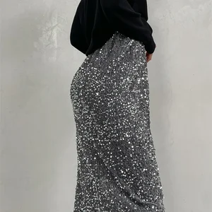 Stock Paillettenrock Silber, Midi -Röcke, Schlitz, hohe Taille, lang, Vintage, Punk, elegant, sexy, Sommer 8 Hauptverkäufe schwarzer Metallic -Rock - №3