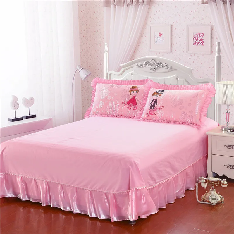 for Weddings Luxury 4-Piece Pink Duvet Quilt Cotton Sheet Set Modern Cartoon Printed Comforter with Ruffles