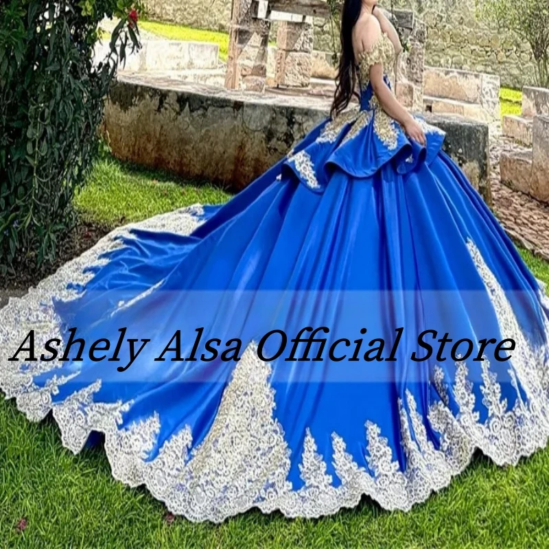 

Ashely Alsa Royal Blue Arabic Party Prom Dresses Sweet 16 Cap Sleeve Lace Applique Corset Ball Gown Quinceanera Dress Vestido 15