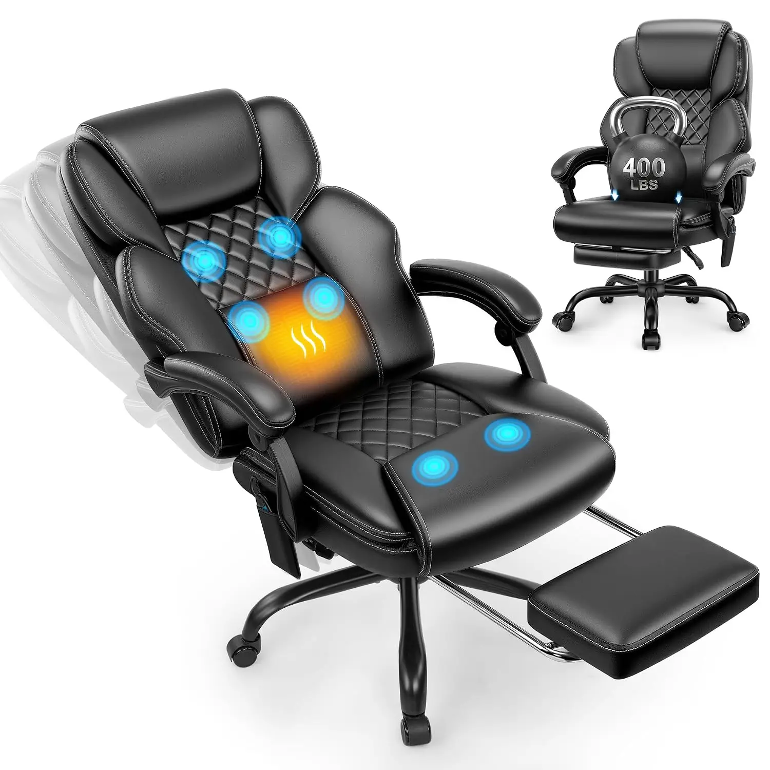 Massage Office Chair, Footrest, 6-Point Vibration, Heat, 160° Recline 400lb