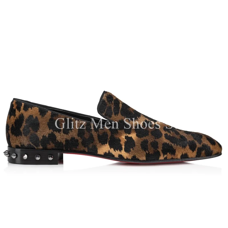 Rivet Leopard Print Men Shoes Low-heeled Loafers Luxury Pointed Head Slip On Calfskin Welted Wedding Dress Business Single Shoes