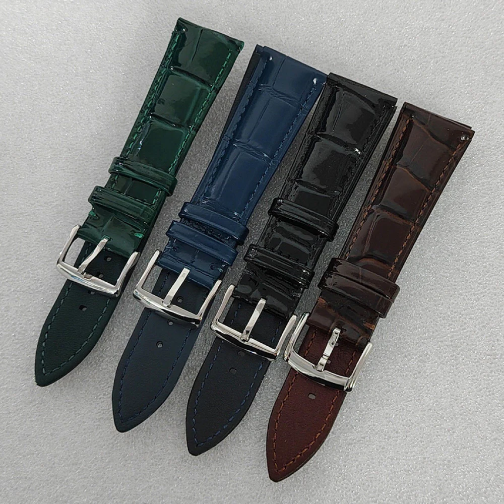 Universal 22×18mm Glossy Black Deep Brown Green Blue Genuine Leather Watch Strap with Stainless Steel Pin Buckle