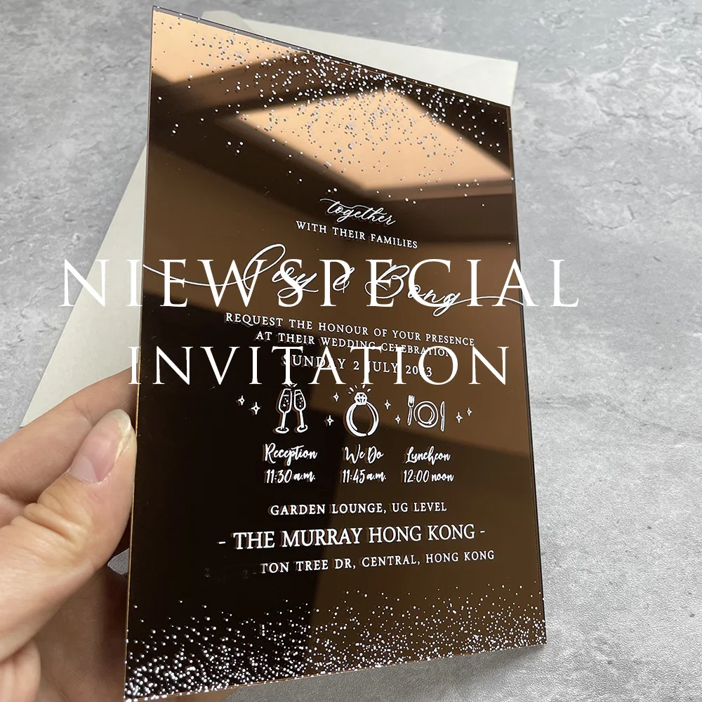 Brown Color Mirror Acrylic Custom Wedding Invitation Birthday Engagement Invitation with Envelope Festival Universal