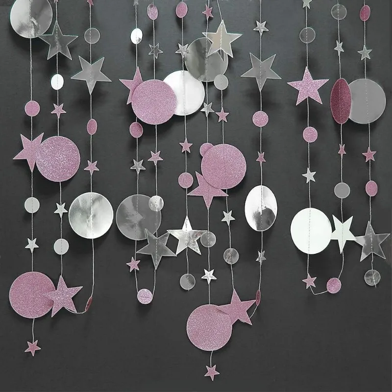 3Pcs Pink Silver Valentines Day Wedding Party Banner Decor Circle Dot Garland Twinkle Little Star Decoration Polka Dot Streamer