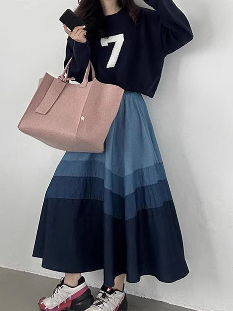 

Весенняя винтажная элегантная юбка-миди с эластичным поясом, универсальная, стройнящая, в стиле колор-блок, юбка-солнце, женская модная повседневная юбка для офиса