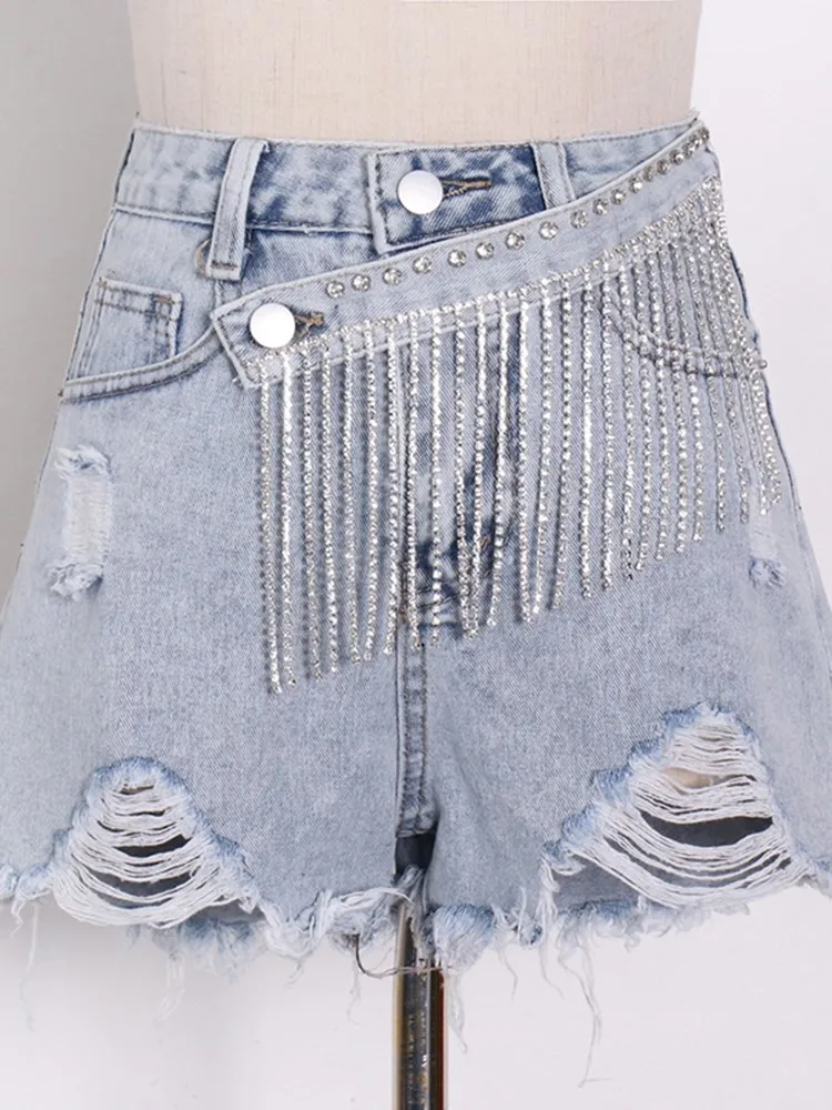 BPN Hole Patchwork Tassel Denim Short For Women High Waist Hollow Out Loose High Street Loose Shorts Female Fashion Clothes New