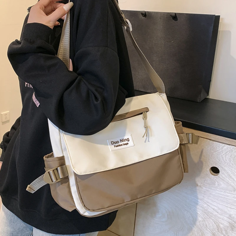 Small Fresh Canvas Color blocked New Postman Bag Large Capacity Campus Student Trendy Work Commuter Crossbody Bag