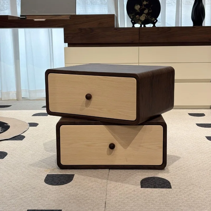 Solid wood walnut rotatable bedside table, new designer antique leather drawer creative bedside table
