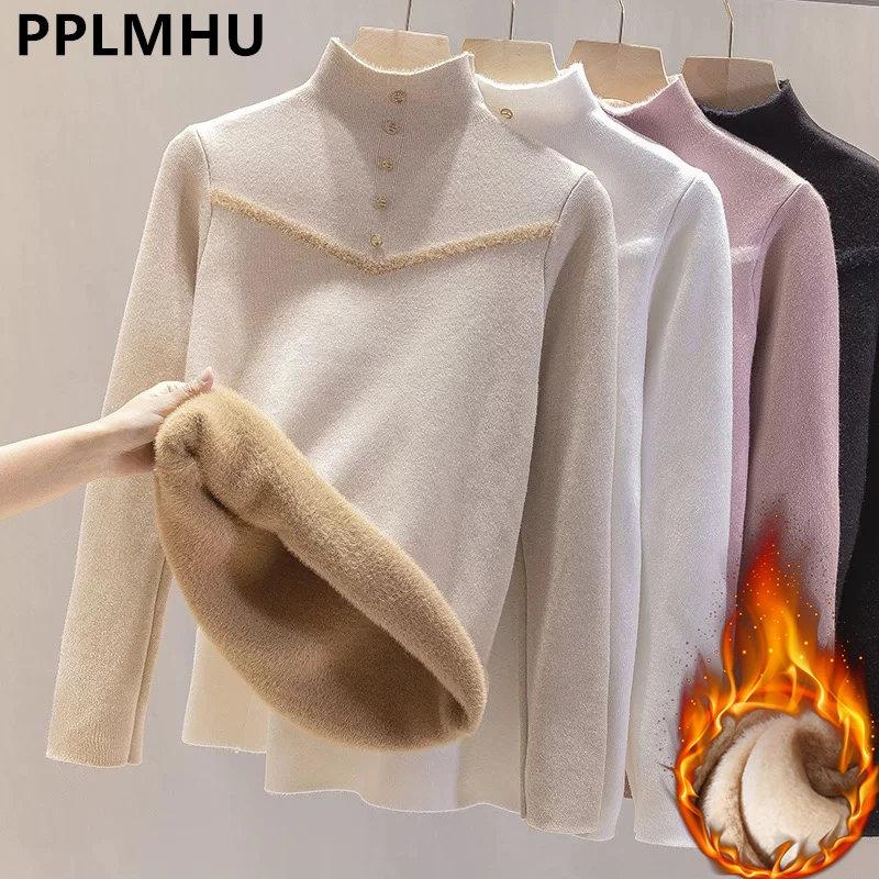 Women Winter Half High Collar Plush Lined Sweater Casual Thicken Warm Knit Tops Slim Pullover Soft Plus Velvet Knitwear Jumper