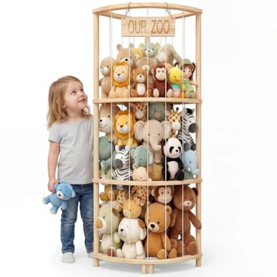 Corner Stuffed Animal Storage Tower, Large Wooden Plush Toy Storage Zoo, Arc Corner Display for Nursery and Playroom, Vertical