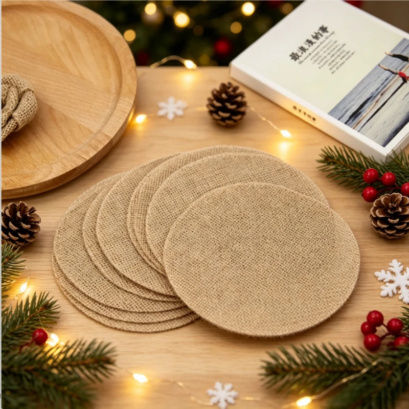 5pcs Round Natural Burlap Coasters, Rustic Heat Resistant Jute Table Mats, Halloween Christmas Farmhouse Wedding Holiday Dining