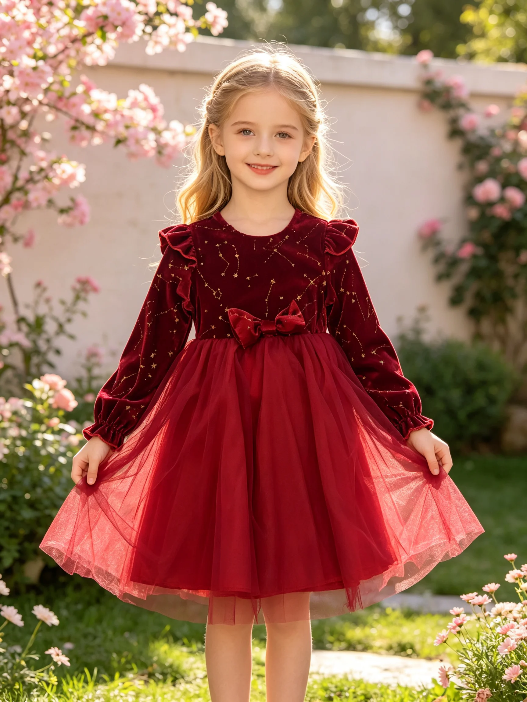 Girls' Pink Long‑Sleeve Princess Dress, Fly‑Sleeve Ribbed Knit Top with Rainbow Gradient Tulle and Silver Butterfly Print, Fall