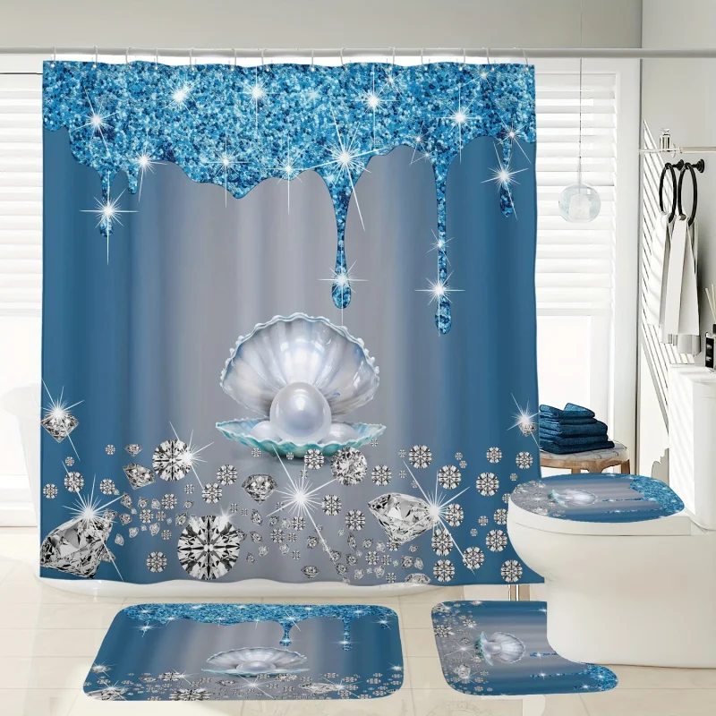 1/3/4pcs Pearl Diamond Pattern Set, Shower Curtain With 12 Hooks, Non-Slip Bath , U-Shaped Mat, Toilet