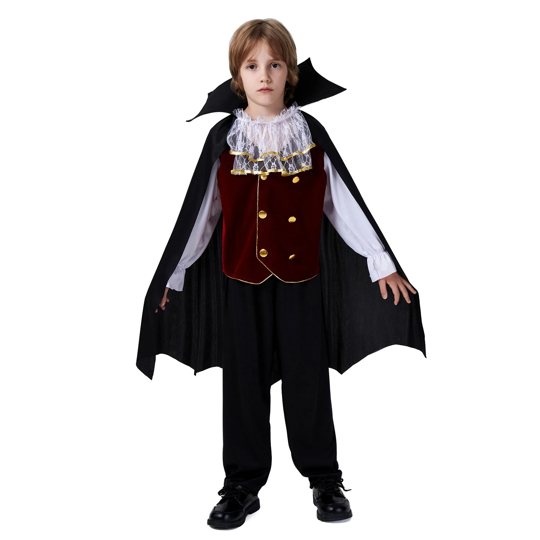 Königliches Vampir-Kostüm für Kinder, 3-teiliges Set, schwarzer Umhang + Oberteil + lange Hose, Halloween-Bösewicht-Cosplay für Jungen, europäisches Vintage-Zombie-Outfit – Detail 5