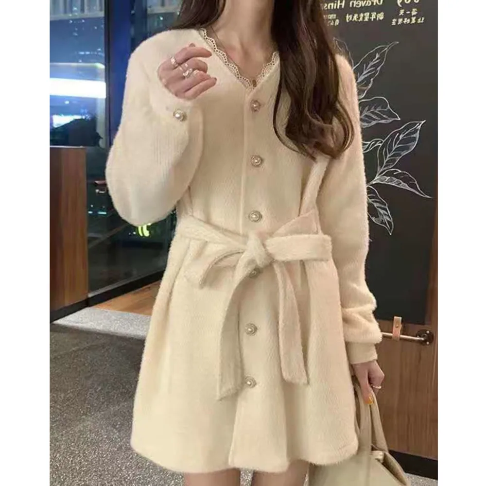 

Autumn And Winter New Thicken Sweater Dress Women Korean Fashion Long Sleeve V-Neck Single-Breasted Sashes Vintage Dress